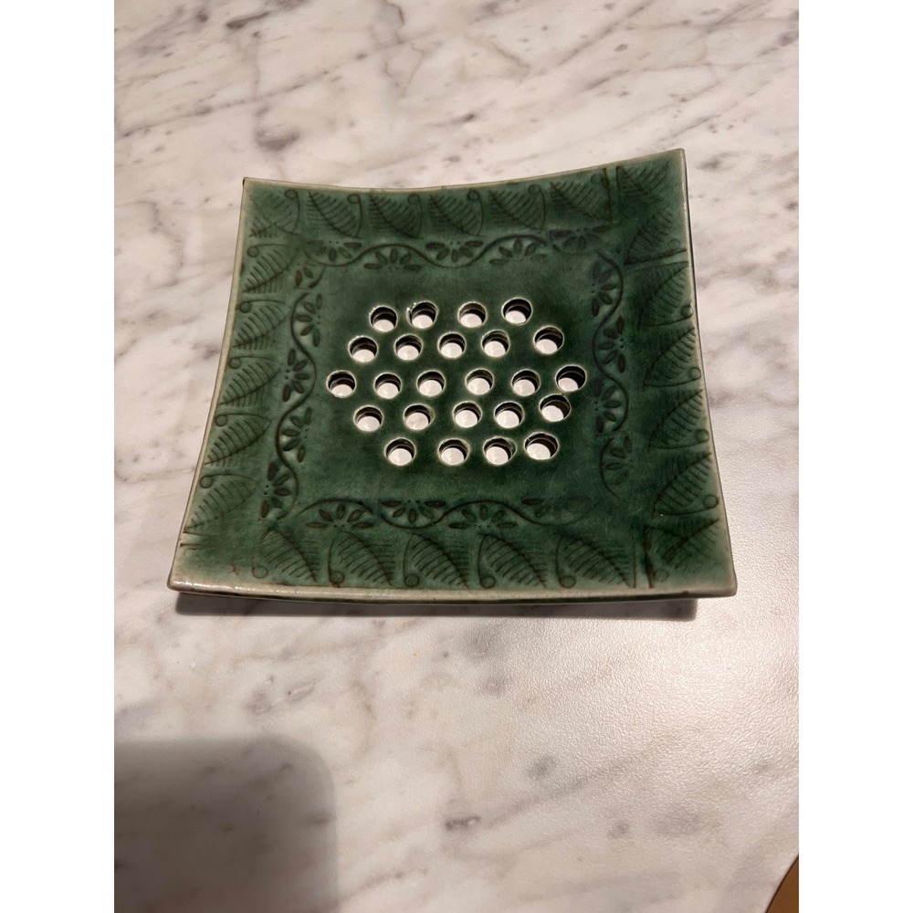 Handmade Ceramic Soap Dish or Flower Frog Forest Green Leaf Embossed Pottery